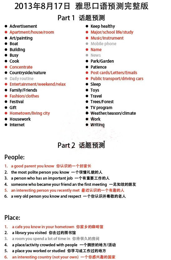 2013年8月17雅思口语预测