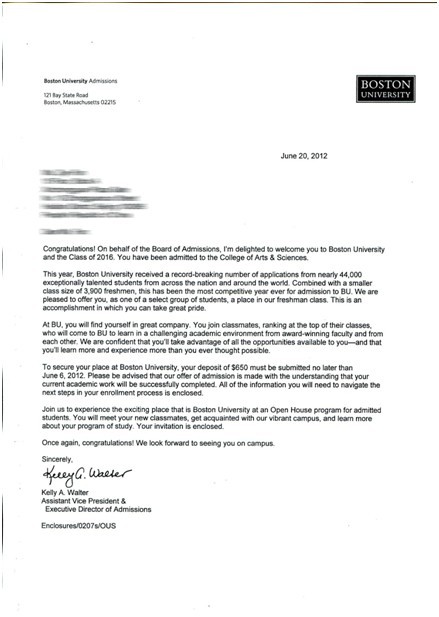 波士顿大学录取通知书