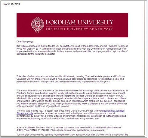 福特汉姆大学录取通知书