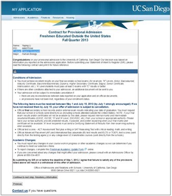 加州大学圣地亚哥分校录取通知书