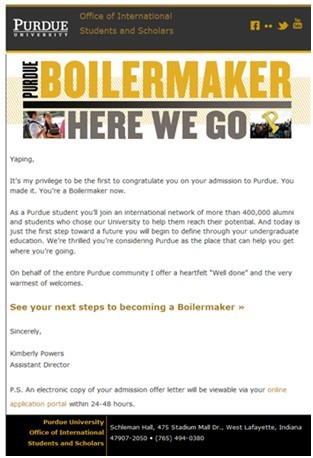 普渡大学录取通知书