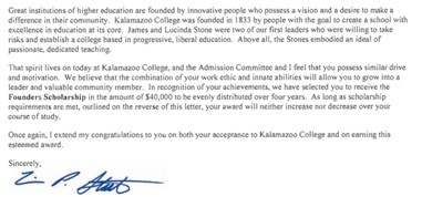 卡拉马祖学院录取通知书