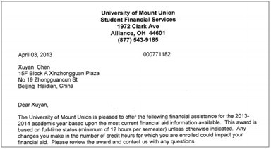 芒特尤宁学院录取通知书