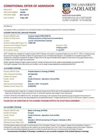 阿德莱德大学录取通知书