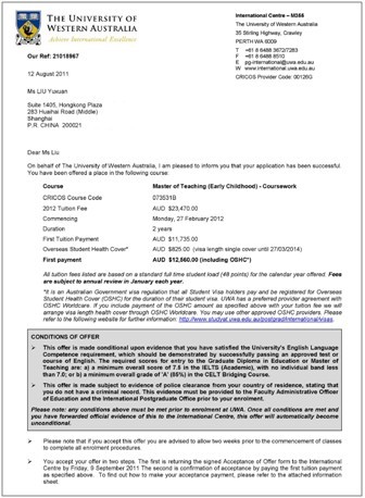 西澳大学录取通知书