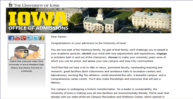 爱荷华大学录取通知书
