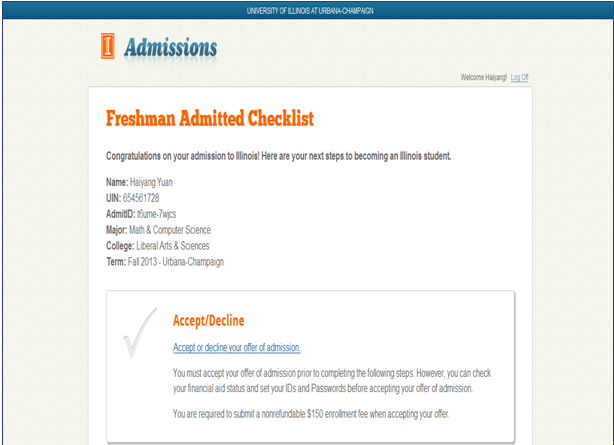 伊利诺伊厄本那-香槟分校录取通知书