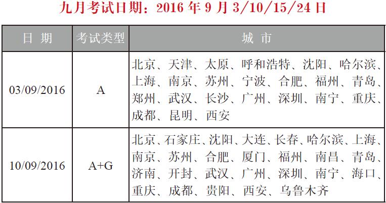 2016年9月雅思考试日期及城市1