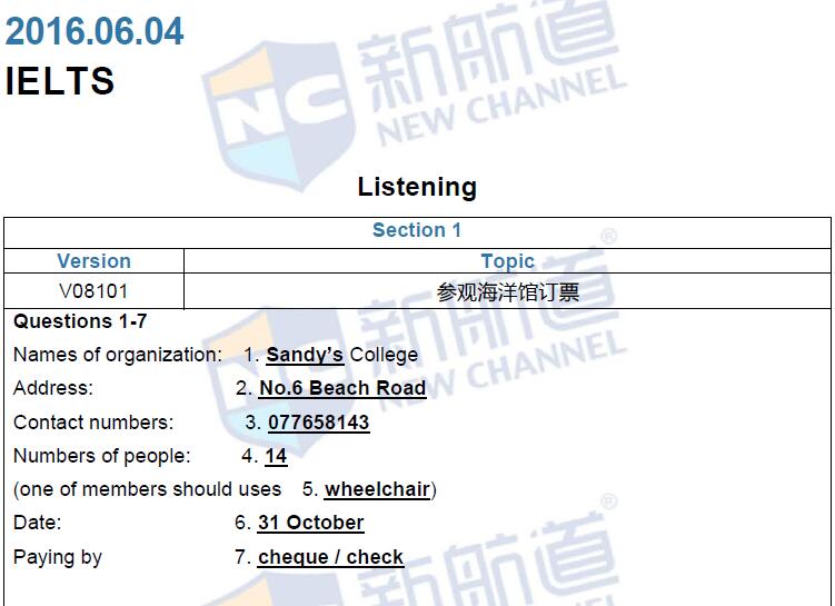 新航道2016年6月4日雅思考试回忆听力1