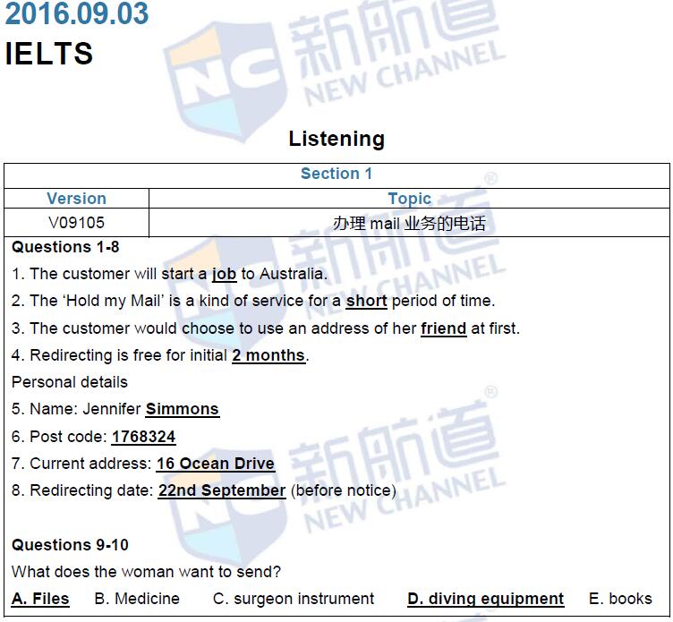 新航道2016年9月3日雅思考试回忆听力1
