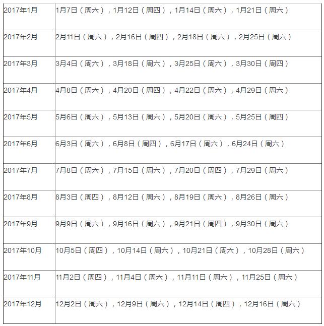 2017年雅思考试时间表：